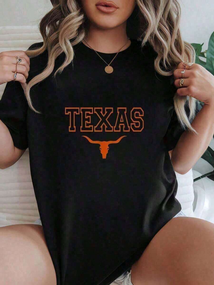 Camiseta de mujer de gran tamaño con estampado gráfico de Texas Longhorns, informal para uso diario, camisetas gráficas de algodón para mujer, camisetas blancas divertidas, camisetas vintage, ropa, tops, estilo streetwear, cómoda, de cuello redondo, de algodón, playeras de mujer. - Negro - Ver 1