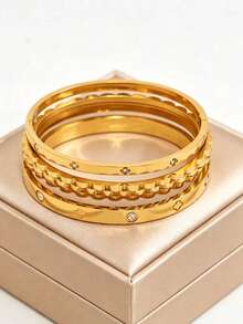 3pcs/Set Stainless Steel Bracelet Set, Rhinestone Clover Clasp Open Bangle, Suitable For Women's Daily Wear Or Gift - Yellow Gold - View 5