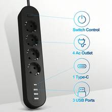 Black White Multi-Port Power Strip Charger Desktop Charging Station 8-In-1 Power Strip 5ft/10ft Options With 4 AC Outlets 3 USB Ports 1 Type-C Port Overload Protection Master Switch Standard EU Plug Wall Mountable Ideal For Home Kitchen Office Travel Use Memorial Day Summer Kickoff - EU E Type Plug(220-240V) - View 5