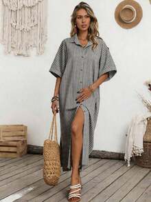 Holidaya Vestido casual de verano de algodón y lino con botones delanteros a rayas para mujer - Gris Oscuro - Ver 5