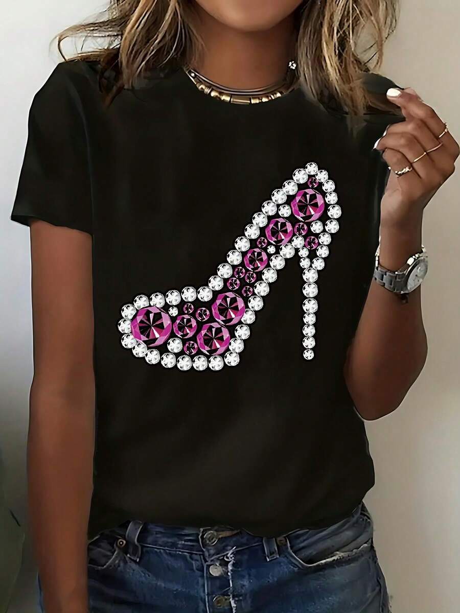 14 Camisetas de manga corta de primavera/verano/otoño |   Cuello redondo, cuello redondo, estilo casual, patrón floral - Ropa diaria de moda para mujer, códigos de talla estándar B1 - Negro - Ver 1