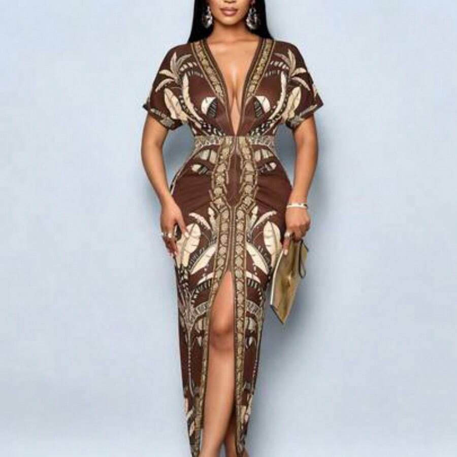 Women's Elegant Chain Print High Slit Thigh Bodycon Dress, Sexy Deep V-Neck, High Waisted Print Batwing Sleeve Dress Unique Dress - Marrón - Ver 1