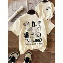 Camisetas De Calor Para MujerBlusa De Verano De Doble Cara Para Mujer - Estampado Minimalista De Arte Lineal De Gato ("Los Gatos Son Los Mejores Amigos") - Cuello Redondo - Albaricoque - Ver 5