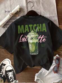 Women's Casual Short-Sleeve Top [Front And Back Images] Women's Spring/Summer Casual Top Cool Style Matcha Latte Straw Print MATCHA Latte Round Neck Short-Sleeve T-Shirt With Light Print Cotton Soft Fabric Breathable And Cool Short-Sleeve Blouses For Women 100% Cotton - 黑色 - 查看 4