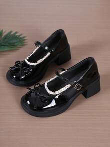 Glossy Black Lace Trim Bow Mary Jane Shoes For Women, Lace Lining Strap Shoes, Versatile Shoes For Pleated Skirts, JK School Style Commuter Shoes - Black - View 1