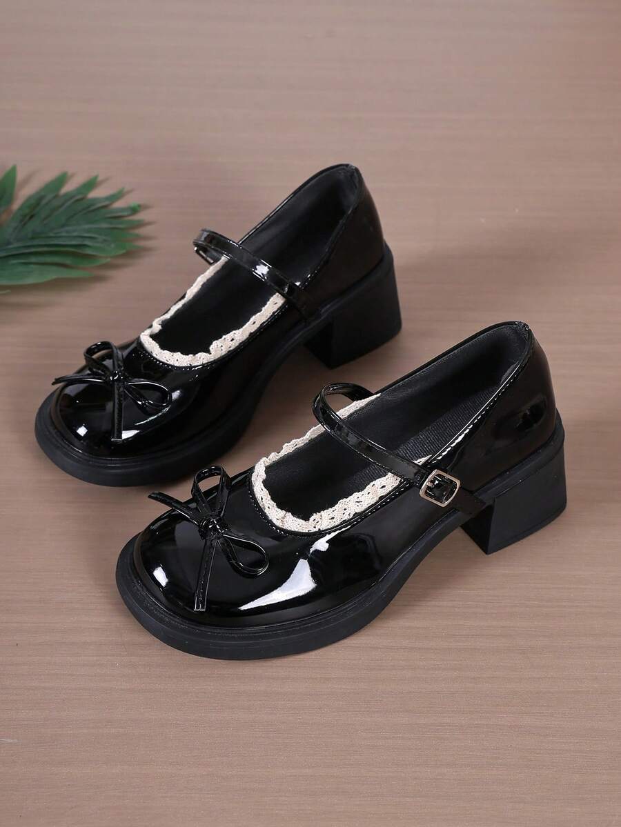 Glossy Black Lace Trim Bow Mary Jane Shoes For Women, Lace Lining Strap Shoes, Versatile Shoes For Pleated Skirts, JK School Style Commuter Shoes - Black - View 1