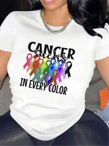 Camiseta de poliéster con diseño colorido de concientización sobre el cáncer, duradera y cómoda para uso casual, adecuada para el hogar, la oficina o actividades al aire libre, tela suave, corte unisex, regalo ideal para campañas de concientización. - Blanco - Ver 7
