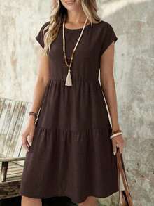 Vestido casual de mujer de manga corta, cuello redondo y longitud media, con aspecto de lino verde, para primavera/verano - Marrón Chocolate - Ver 1