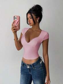corta de mujer de verano de unicolor con encaje de contraste ajustada - Rosa Pálido - Ver 3