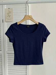 Camiseta ajustada de mujer de cuello de pico, manga raglán, color azul claro, estilo minimalista casual, 95% algodón - Azul - Ver 7