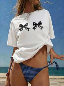 Limited Edition Women's Short-Sleeved, Round-Neck T-Shirt With Bow Print, Casual And Loose Fit, Versatile, For Everyday Wear In White. Lightweight Cotton. - 白色的 - 查看 3