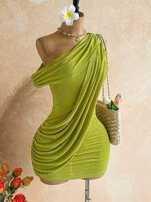 Vestido mini asimétrico con pliegues en el hombro para mujer, adecuado para vacaciones de primavera/verano - Verde - Ver 8