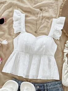 Camisa de mujer de manga corta para vacaciones de primavera/verano, de tela texturizada, adecuada para festival de música, estilo bohemio, citas de vacaciones, tarde de té - Blanco - Ver 3
