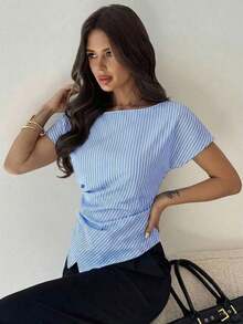 Blusa asimétrica casual y elegante a cuadros, adecuada para ir al trabajo, uso casual diario y vestimenta de negocios de moda para mujer / Vuelta al colegio / Profesora / Blusas para salir / Blusas para salir / Mujer de negocios casual / Camisa a - Azul y blanco - Ver 3