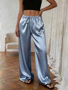 1pc Solid Color Drawstring Pocket Pants, Suitable For Home, Daily Wear, Holidays, Singles Party, Satin, All Seasons Spring - Sky Blue - View 8