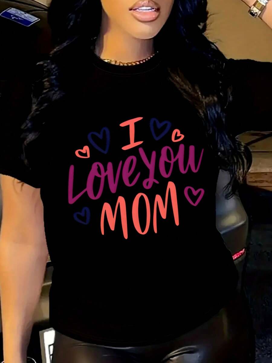 The Best Mom T-Shirt | Casual Crew Neck, Regular Fit With Floral Print And "I Love You Mom" Design | Vibrant Graphic, Machine Washable, Perfect For All Seasons, Christmas, Easter, Halloween, Thanksgiving And More - 黑色 - 查看 1