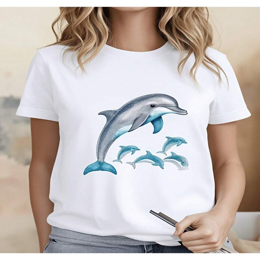 Women's Casual Cotton Round Neck Short Sleeve T-Shirt with Dolphin Print, Chic Summer Basic Top for Everyday Fashion, High Stretch Regular Fit - Blanco - Ver 1
