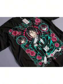 Camiseta 100% para Hombre con Diseño de Anime y Manga Vintage - Camiseta Gráfica Japonesa con Estilo Bohemio, Cuello Redondo, Casual, para Amantes del Anime, Ilustraciones Icónicas de Manga, Uso Durante Todo el Año, TALLAS GRANDES - Negro - Ver 1