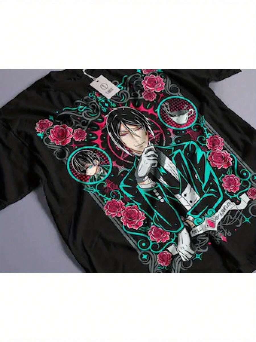 Camiseta 100% para Hombre con Diseño de Anime y Manga Vintage - Camiseta Gráfica Japonesa con Estilo Bohemio, Cuello Redondo, Casual, para Amantes del Anime, Ilustraciones Icónicas de Manga, Uso Durante Todo el Año, TALLAS GRANDES - Negro - Ver 1