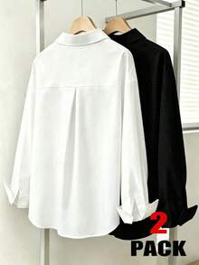 Camisa de vestir informal de manga larga holgada y de hombros caídos de unicolor para mujer, blusas de manga larga - Multicolor 2 - Ver 2