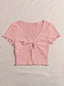 Camiseta tejida con nudo delantero ribete en forma de lechuga - Rosa Pálido - Ver 3