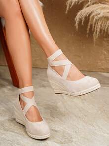 Giày đế xuồng và đế cao kiểu espadrille cho nữ, sandal quai ngang dệt màu đen mũi tròn thích hợp cho kỳ nghỉ biển, đế dây thừng co giãn, kết hợp với giày nữ. - Màu be - Xem 2
