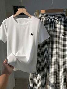 2 piezas Conjunto de top de manga corta con estampado floral bordado falso y rayas y pantalones a rayas, atuendo casual adecuado para el uso diario, citas, fiestas, otoño/invierno/verano, Navidad, Año Nuevo, Acción de Gracias, fiestas, bodas, - Multicolor 4 - Ver 4