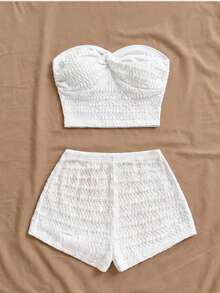 Conjunto de 2 piezas de top bandeau con textura y nudo delantero y shorts de unicolor para vacaciones de verano de mujer - Blanco - Ver 2