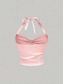 Set de 2 piezas de top halter y minifalda de jacquard para mujer, conjunto de falda y top blanco, ropa de otoño para mujer, atuendo para fiesta, boda, salida, conjunto elegante de mujer, conjunto chic de mujer, ropa de campo para mujer - Rosa - Ver 6