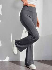 Pantalones con cintura alta de color liso y corte acampanado - Gris - Ver 6