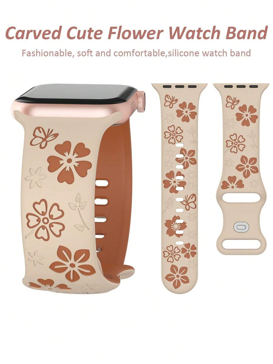 Dây đeo đồng hồ chạm khắc hoa, tương thích với Apple Watch 41mm 40mm 44mm 45mm 42mm 38mm 49mm 46mm, hoa dễ thương, dây đeo thể thao bằng silicon mềm mại tương thích với Apple Watch Series 11 10 SE 9 8 7 6 5 4 3 Ultra, dây đeo đồng hồ thời trang nữ họa tiết hoa, tương thích với dây đeo . - LD004 Hương hoa - Trà sữa nâu - Xem 1