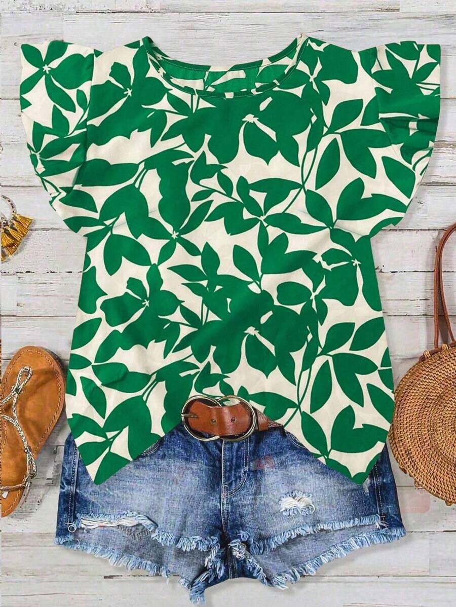 Tall Camisa holgada con estampado de hojas naranjas y mangas tipo gorro, de estilo casual para vacaciones, primavera y verano para mujeres - Verde - Ver 1