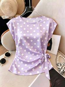 Nueva camiseta de satén de verano para mujer con cuello redondo y lunares elegante - Púrpura malva - Ver 8