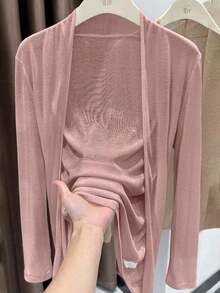 Chaqueta ligera de mujer de unicolor, de manga larga y con abertura frontal casual - Rosa - Ver 4