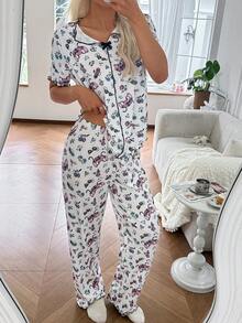 Disney 2pcs Women Knit V-Neck Bow Decor Printed Pajama Set - Light Grey - View 1