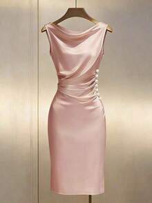 Vestido ajustado sin mangas con cuello drapeado de satén color dorado champán - Rosa - Ver 5