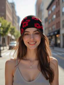 Mũ len nữ nhỏ họa tiết hoa, mũ len dệt kim kiểu Y2K, mũ jacquard phong cách đường phố. - A - Xem 6