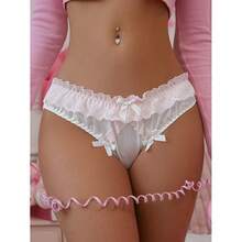 Women's Satin Bow Panty Lace Trim Low Rise Cute Bikini Underwear Silky Panty Brief - Hồng - Xem 4