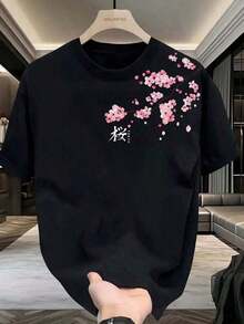 Camiseta de manga corta negra para hombres con estampado de flor de cerezo de anime, cuello redondo casual, tela ajustada, cómoda para uso diario, adecuada para regalos de Navidad, Pascua, Halloween, Acción de Gracias y más. - Negro - Ver 6