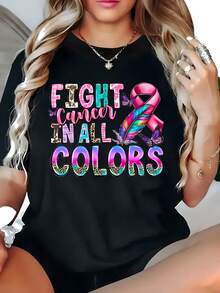 Lucha contra el Cáncer en Todos los Colores Camiseta Gráfica - Manga Corta Casual con Cuello de Tripulación para Mujeres, Tela de Punto de Poliéster, Estampado Geométrico, Talla Plus con Ponerse - Negro - Ver 1