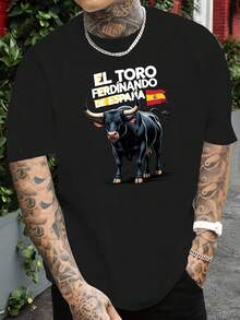 T-Shirt With A Ferdinand The Cow Print. This Printed T-Shirt Is Ideal For Basketball. It Features A Crew Neck And Short Sleeves, Making It Perfect For Urban Fashion And The Gym. It's An Essential Item For Summer Beach Outings. Beachwear. Clothing. - 黑色 - 查看 2