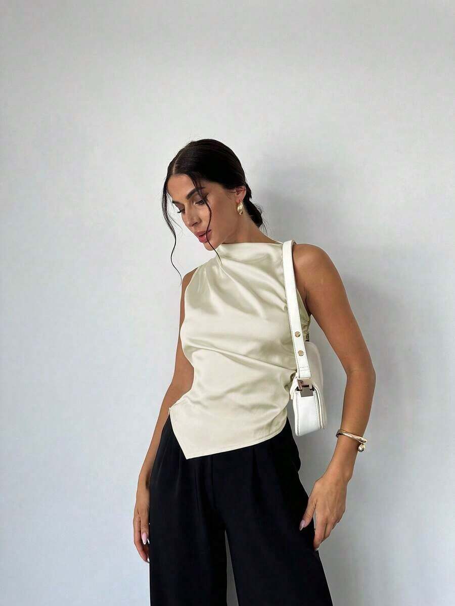 Camisa de satén con cuello plisado, sin mangas, elegante y sencilla, con dobladillo entallado, para oficina, en color beige - Beis - Ver 1