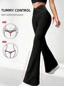 Pantalones acampanados con cintura cruzada para mujer, pantalones deportivos y de yoga de unicolor de poliéster de alta elasticidad, pantalones casuales largos con cintura cruzada, mallas ajustadas de unicolor para entrenamiento, pantalones de pierna ancha de tejido de punto adecuados para fitness y uso casual, negro, primavera - Negro - Ver 8