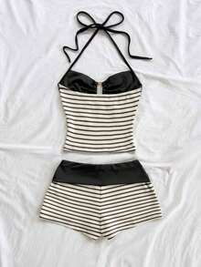 2 piezas Conjunto de camiseta de tirantes y pantalones cortos de punto a rayas con hebilla de metal, estilo casual de vacaciones, adecuado para fiesta, San Valentín, cita, discoteca, bohemio, vacaciones, otoño, ropa de mujer, vintage, días fest - Blanco y Negro - Ver 2