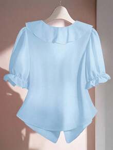 Blusa casual con cuello en V, mangas con volantes y pétalos - Azul - Ver 2