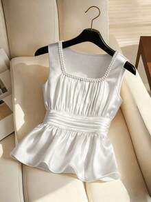 Blusa ajustada sin mangas con cuello y detalles de perlas falsas para mujer - Blanco - Ver 3