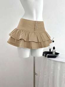 Falda de mezclilla de moda para mujer con diseño de cintura con botones y dobladillo con doble volante - Caqui - Ver 8