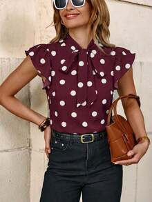 Blusa con lazo elegante para mujer, versátil para el trabajo y el uso casual, verano - Burdeos - Ver 6