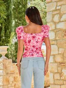 Camiseta de ajuste ceñido con mangas obispo y estampado floral elegante, de verano - Rosa - Ver 2