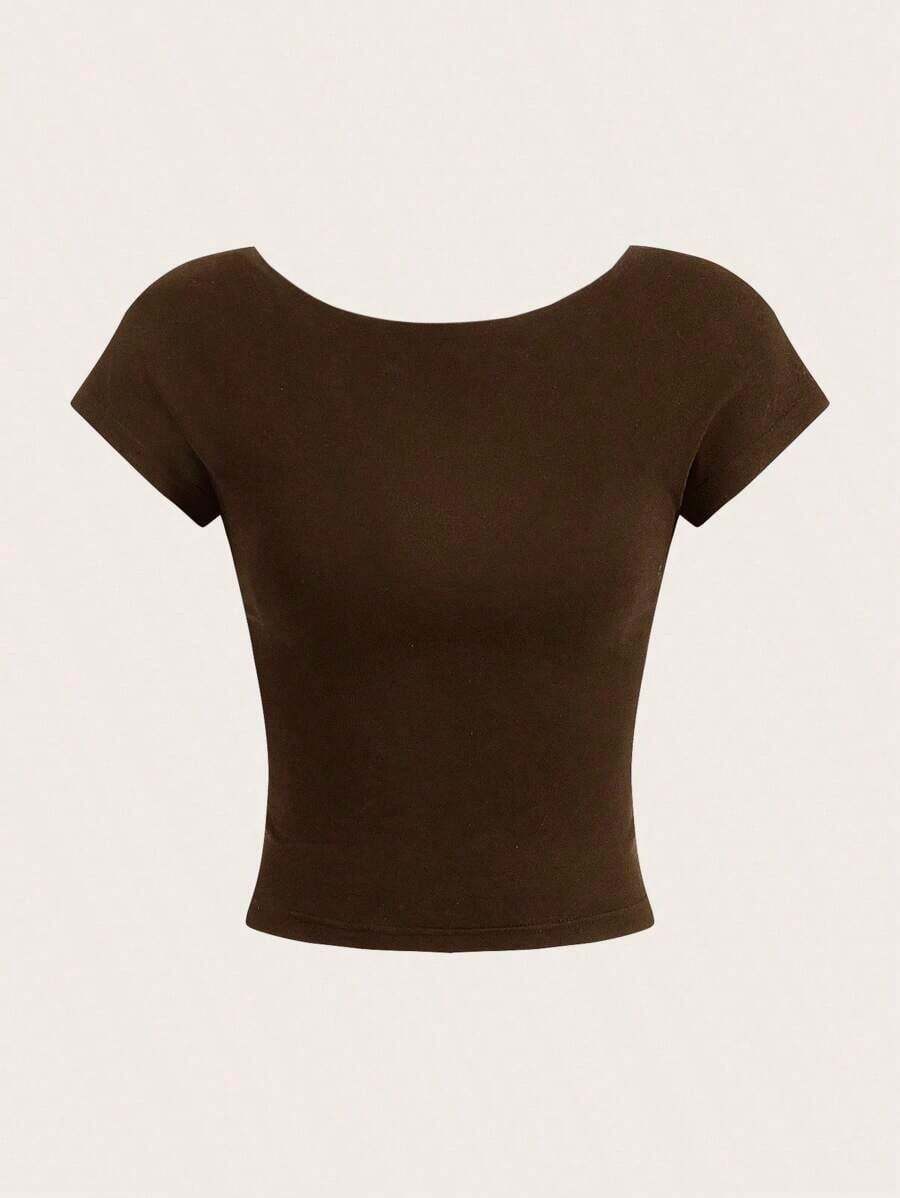 Camiseta casual de mujer de cuello de pico, manga corta y ajustada, versátil - Marrón - Ver 1